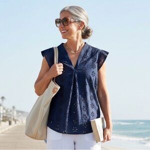 CeCe Navy Blue Eyelet Cotton Top M Flutter Sleeve VNeck Boho Cottagecore Grandma